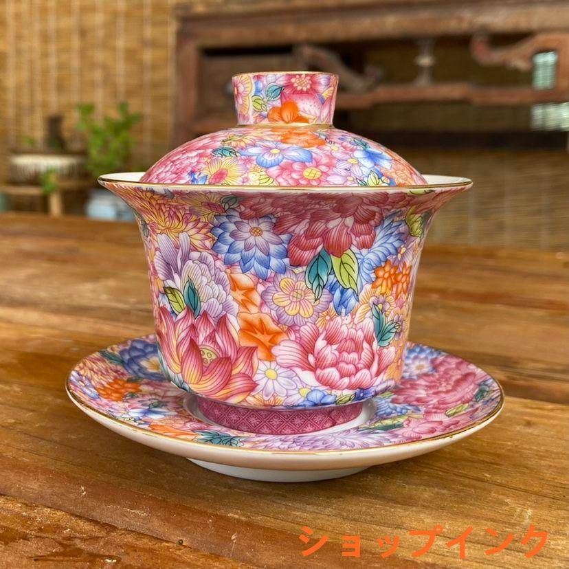 中国茶器 琺瑯万花三才蓋碗 陶磁茶碗 煎茶器 新品未使用 中国茶器 景徳鎮 陶磁器 琺瑯彩万花馬蹄三才蓋碗 茶碗 煎茶器