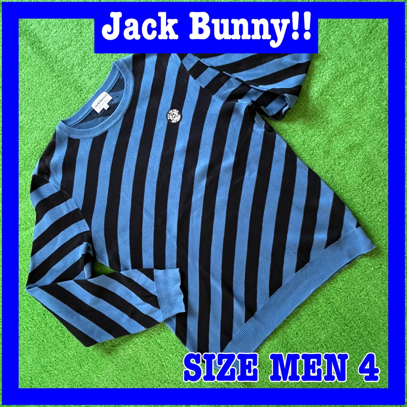 Jack Bunny!! HUNTINGセーター 青色 Jack Bunny!! ジャックバニー 長袖 ロゴワッペン 斜めボーダー柄