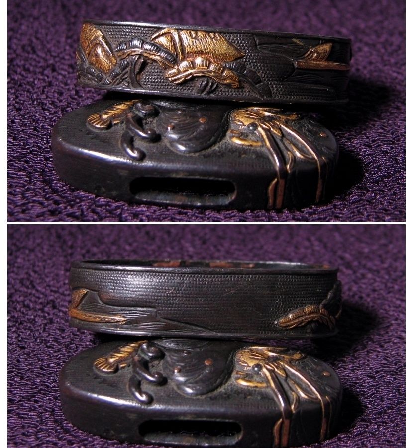 時代武具 縁頭 赤銅魚々子地金色絵 海老の図 桐 江戸時代 25e081 WWW_IBETON_RU