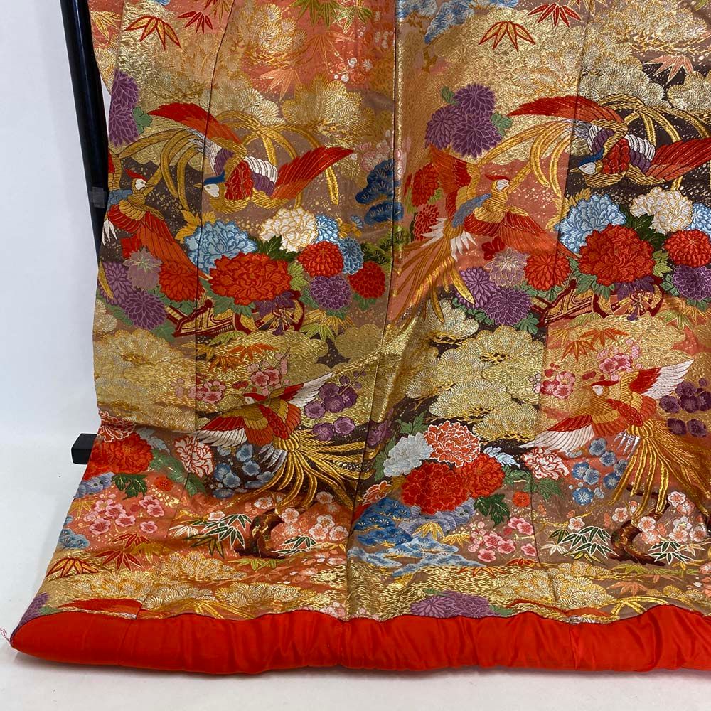 色打掛 正絹 鶴 刺繍 赤 金 打掛 Mサイズ 裄66.5 花嫁衣裳 婚礼  