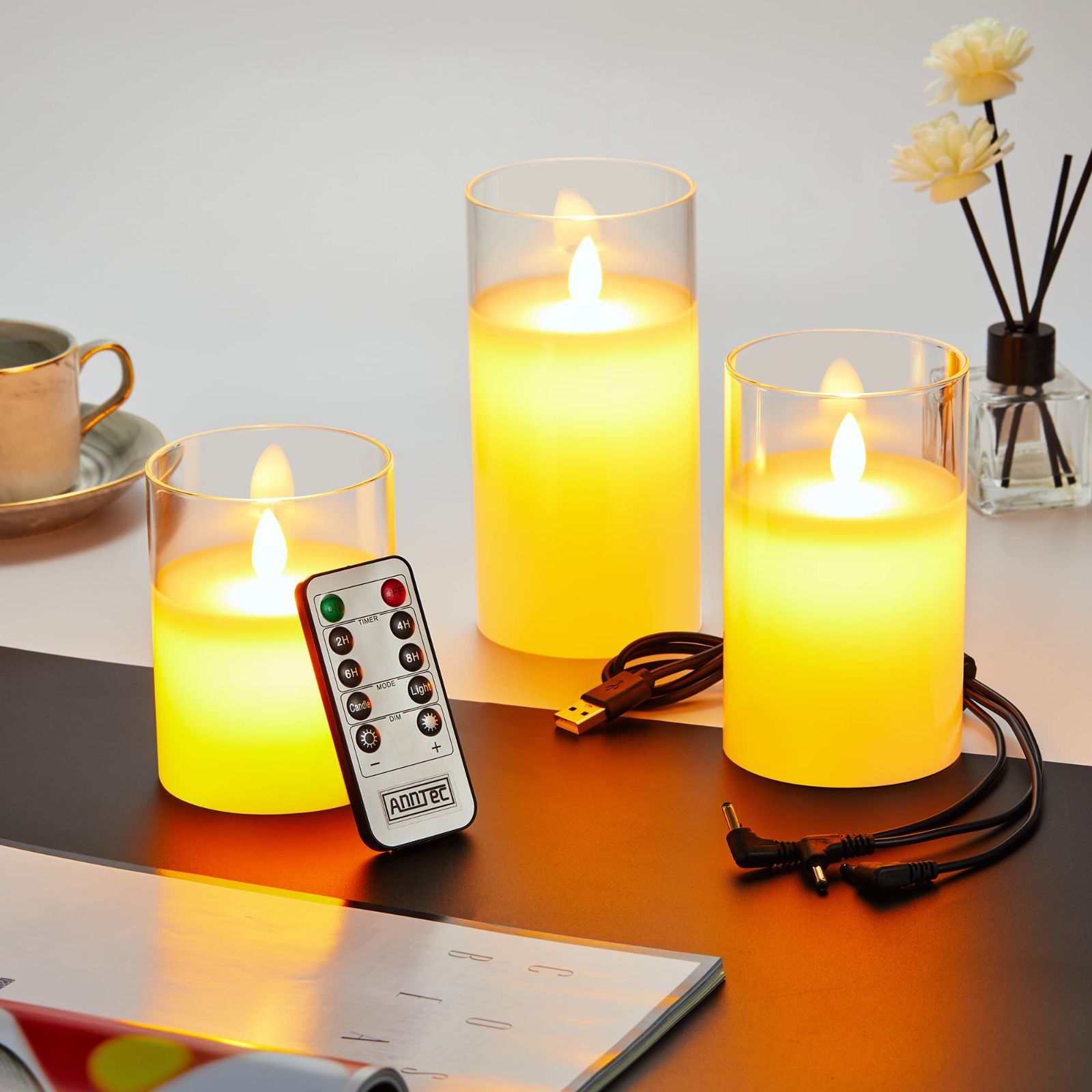USB充電式 明るさ調整 専用リモコン付き 省エネ 安全 LEDライトキャンドル ゆらゆら揺れる 火を使わない 暖色光 本物の炎のようにゆらめく3点セット ロウソク クリアガラスホワイト LEDキャン