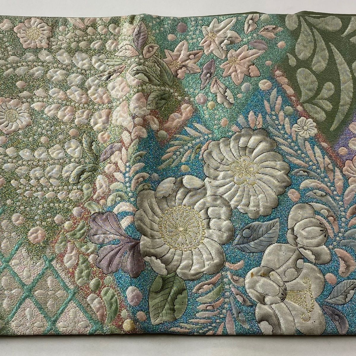 B4 美品 すくい織 唐花 金糸 キラキラ 太鼓 正絹 薄物 夏用 絽 紗 袋帯 B4 美品 すくい織 唐花 金糸 キラキラ 太鼓 正絹 薄物 夏用 絽