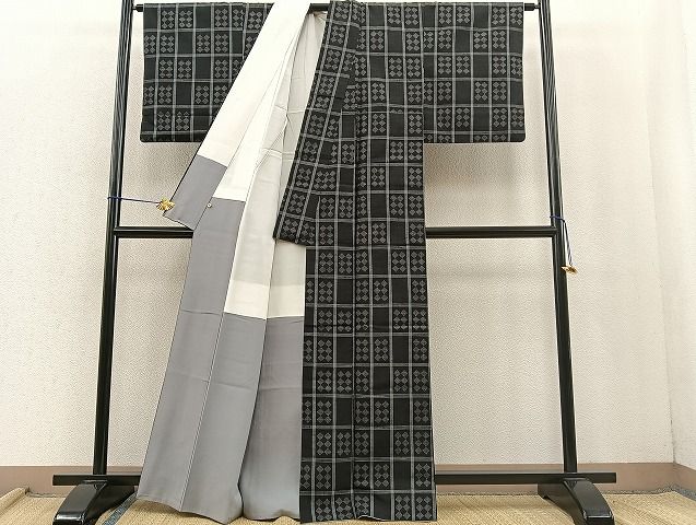 平和屋着物○上質な紬 藍 変わり格子 高島屋扱い 正絹 逸品 DAAS3394ps