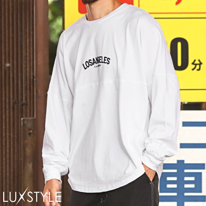 ロンT メンズ 長袖Tシャツ ビッグシルエット バックロゴ 発泡プリント【バックロゴ発泡プリントロンT】メンズロンT カットソー 長袖 クルーネック ドロップショルダー ドルマンスリーブ LOS 