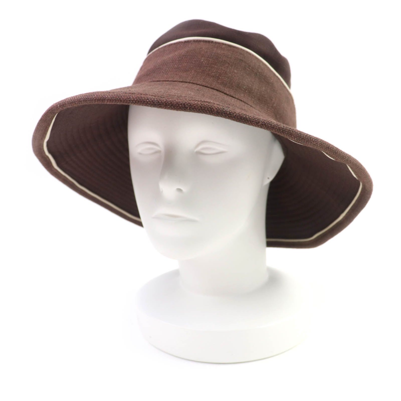 HERMES エルメス リネン100％ ラムレザートリミング 帽子 ハット ブラウン 56 き フランス製 正規品 レディース
