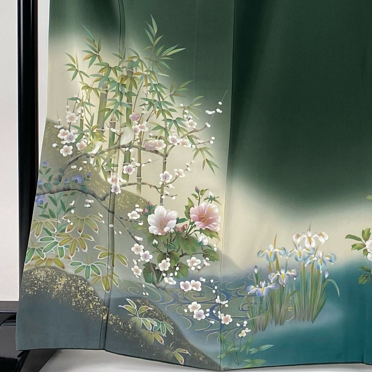 訪問着 身丈166cm 裄丈67cm M 袷 落款 鶯 竹 螺鈿 金彩 深緑 正絹 秀品