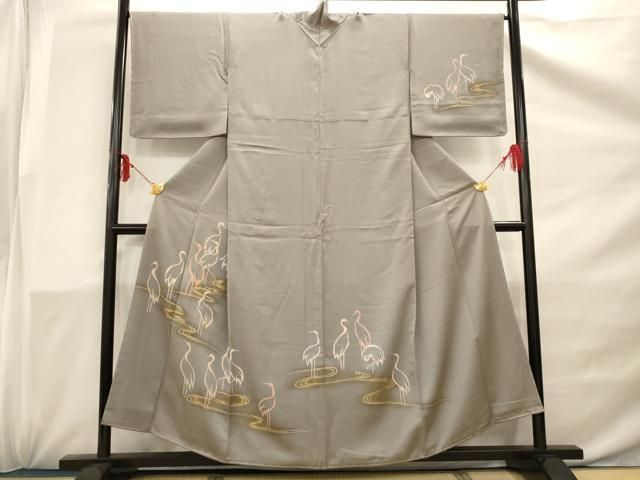 【上品】●金彩訪問着●縮緬●流水文様● 平和屋着物□訪問着 駒刺繍 流水群鶴文 金彩 正絹 逸品 未使用