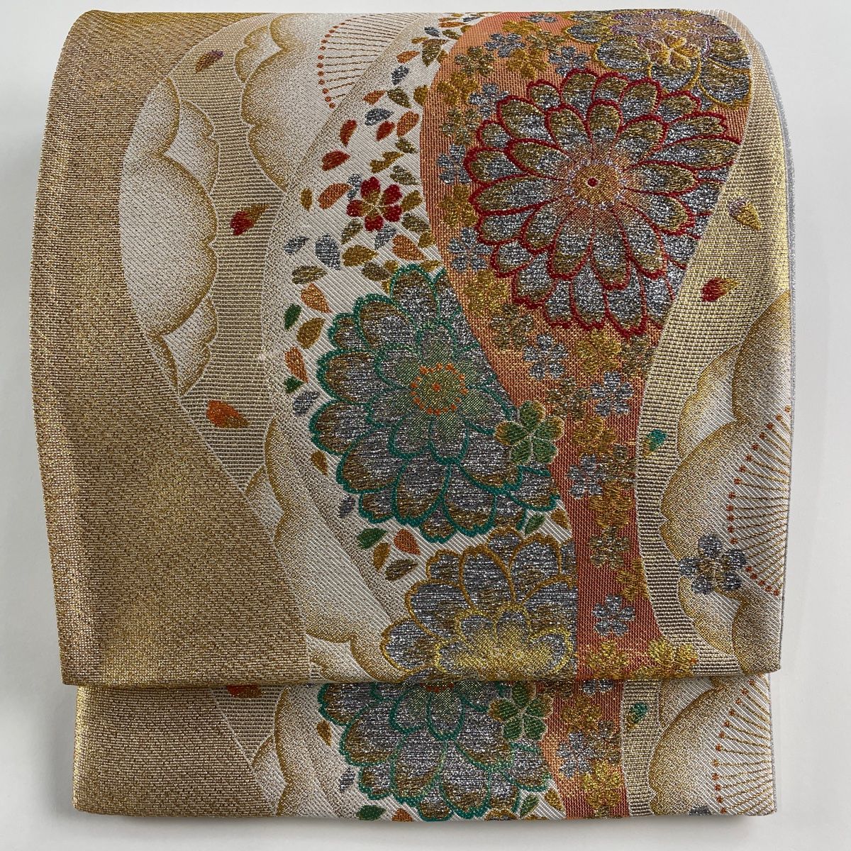 袋帯 名品 菊 花びら 箔 金糸 ベージュ 六通 正絹