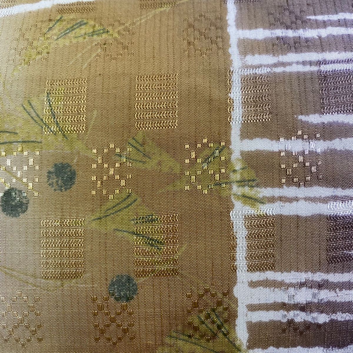 袋帯 秀品 紬地 やまと 雪輪 銀杏 ぼかし 灰茶 全通 正絹 MERCADOAVALIA_COM_BR