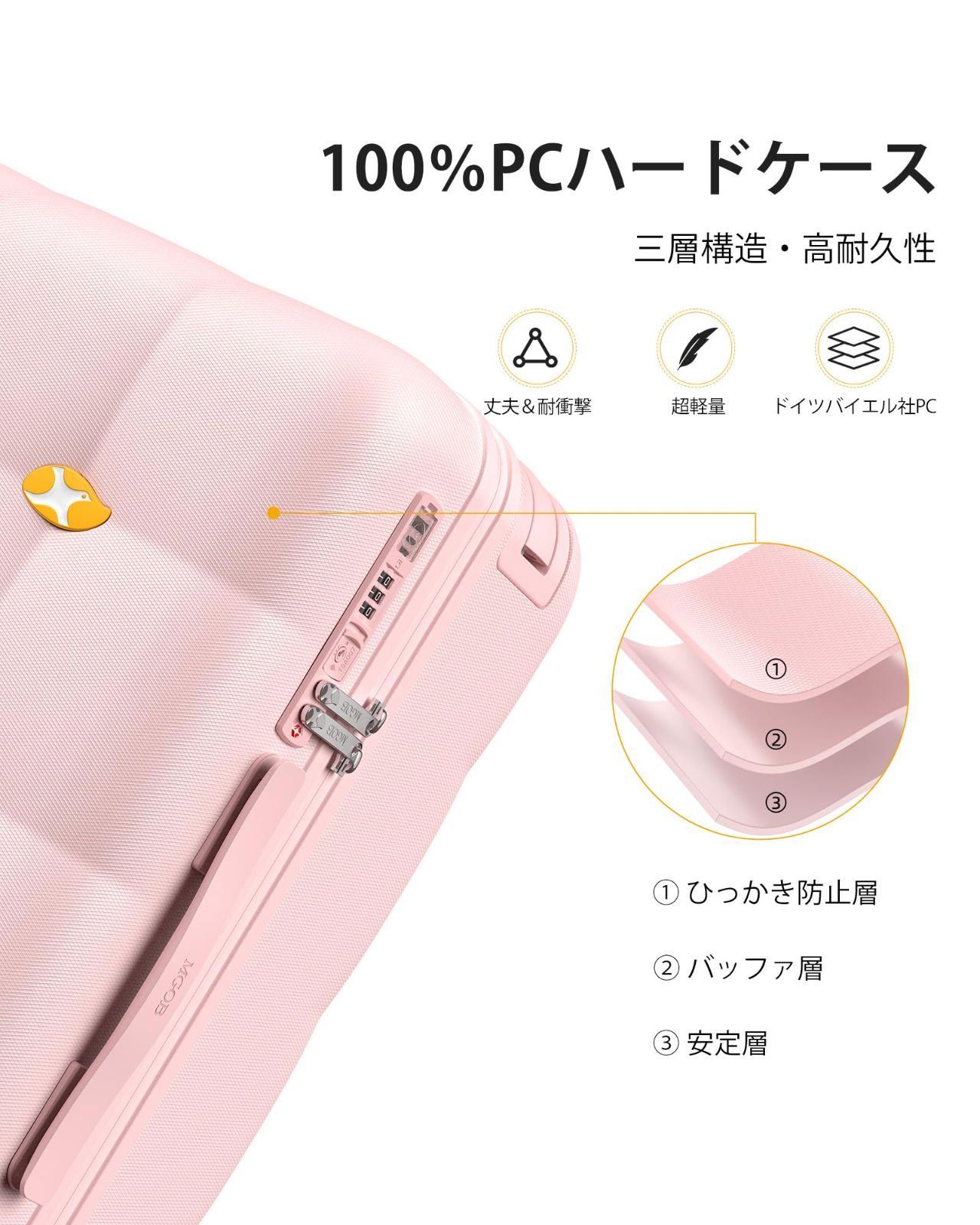 Sサイズ 機内持ち込み PC ワイドバーデザイン キャリーケース スーツケース 頑丈 旅行 ビジネス 360度回転キャスター TSAロック搭載 出張 静音 USB Type C 耐衝撃 ポート付き YKKファスナー 超軽量 ピンク ドイツ製ポリ