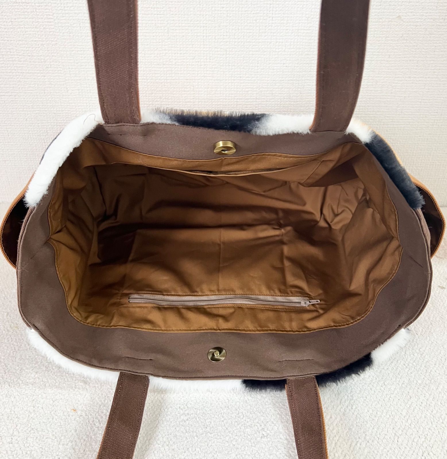 Lサイズ】三毛猫柄 ボア 倉敷帆布使用 肩掛けトートバッグ サイド