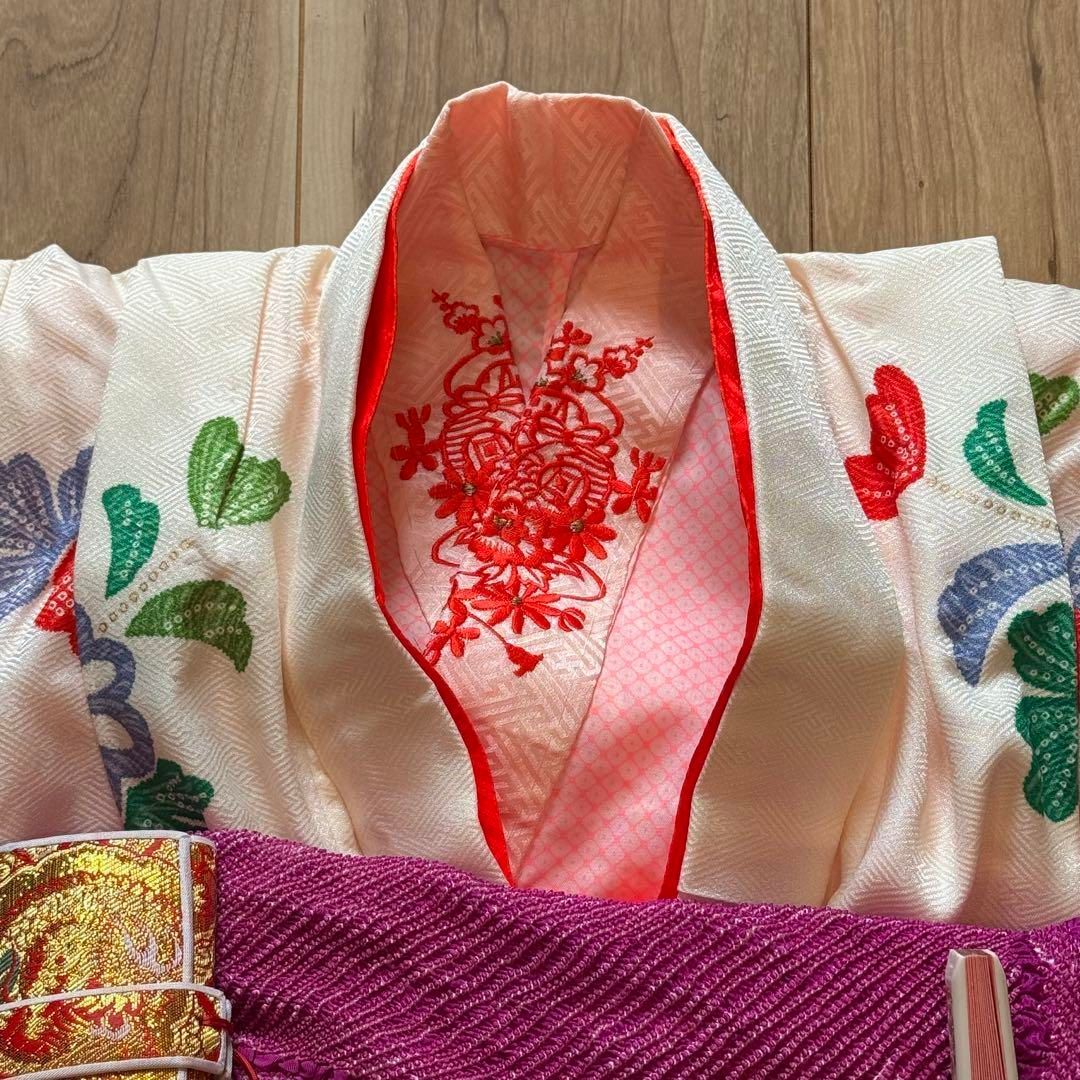 美品 七五三 7歳 フルセット 女の子 子供 絹 着物 長襦袢 帯 赤