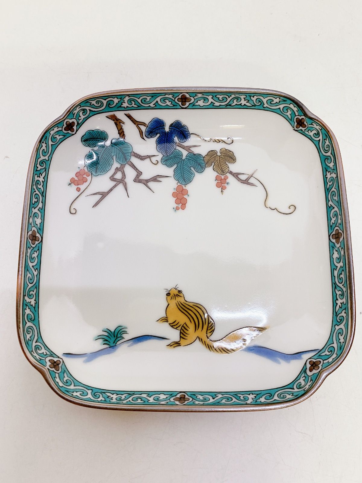 九谷焼　色絵　鳥草文　菱形中皿　五客　時代箱付　M　R8296 九谷焼 色絵 鳥草文 菱形中皿 五客 時代箱付 M R8296