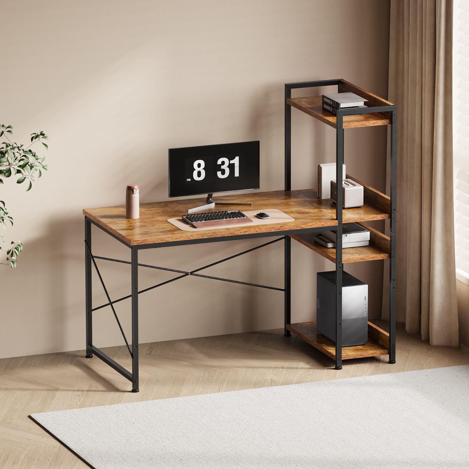 YeTom パソコンデスク 机 pcデスク 右棚左棚 幅100cm ラック付きデスク 勉強机 ワークデスク 本棚付き オフィスデスク ビンテージ