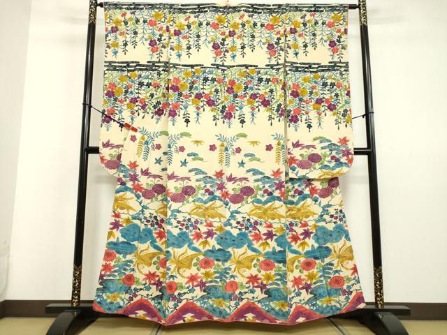 平和屋着物●豪華振袖　型染め　雲取り花鳥文　三越扱い　正絹　逸品　DAAV8630tw 平和屋着物○豪華振袖 型染め 雲取り花鳥文 三越扱い 正絹 逸品 DAAV8630tw