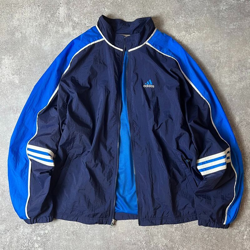 90s adidas メッシュ ライナー付き フルジップ ナイロン ジャケット L / 90年代 オールド アディダス パフォーマンス ロゴ 3ライン