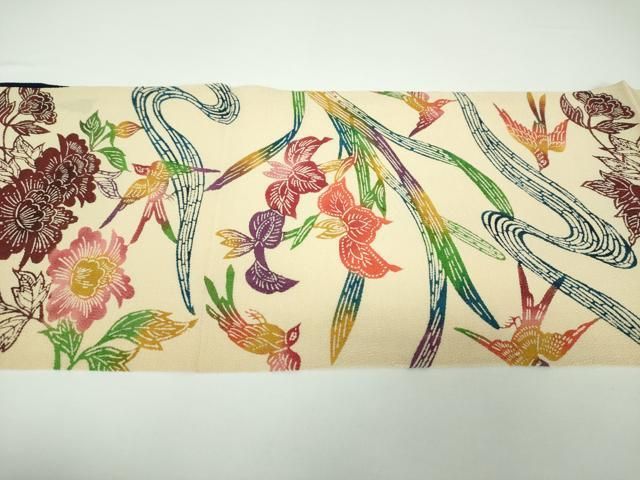 平和屋着物○全通柄九寸開き古屋帯 型染 流水花鳥文 正絹 逸品