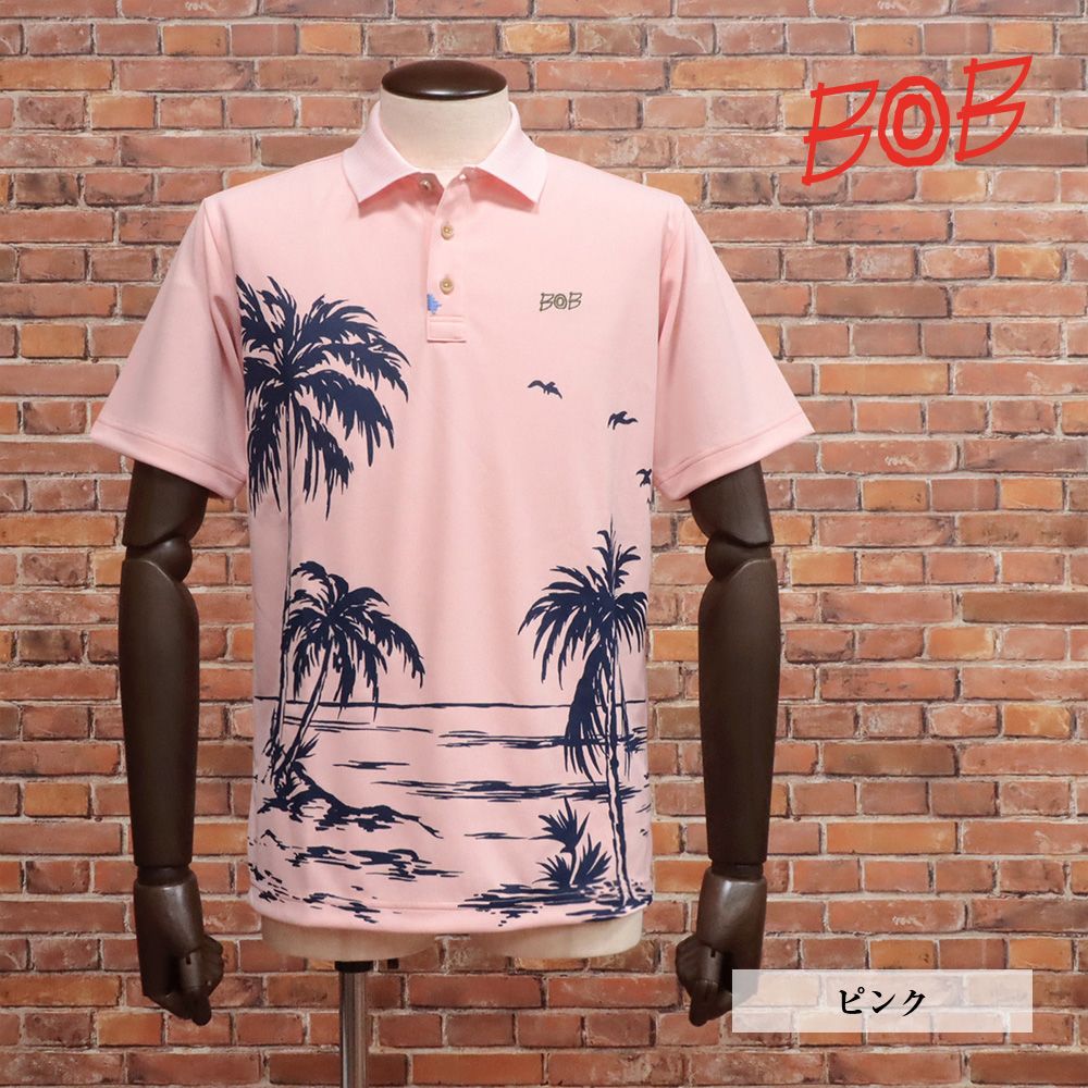春夏|BOB|XLサイズ|半袖ポロシャツ 074843008 吸水速乾 UVカット ピンメッシュ パームツリー柄 プリント ゴルフ メンズ ボブ |ピンク|ka156a|