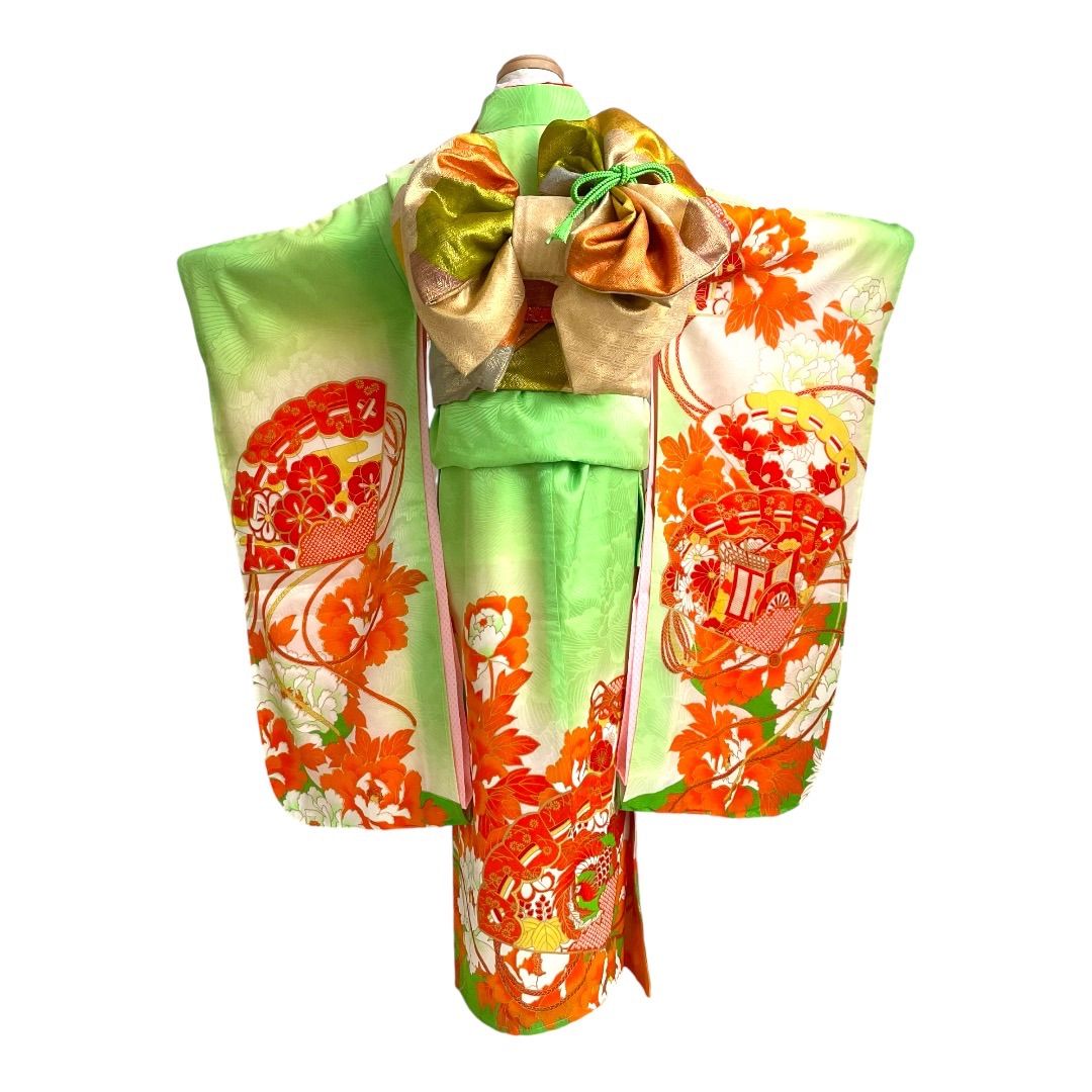 アンティーク 七五三 正絹 7歳用 着物 襦袢付 ひわ色 御所車 扇