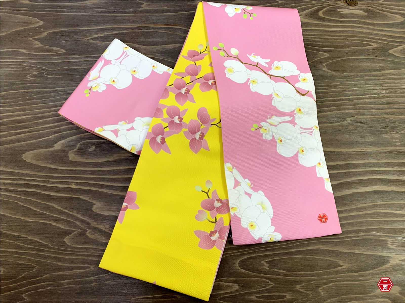 着物三河 胡蝶蘭 薄紅梅 黄 半幅帯 うれしい長尺400㎝