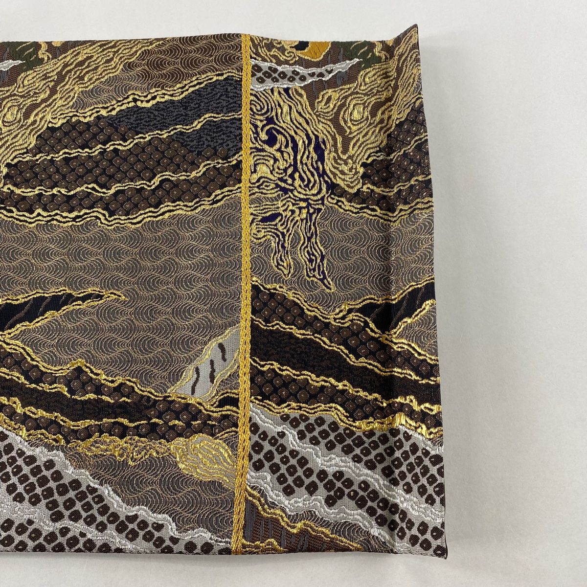 【E971】厳選西陣　手織り　霞文　枯茶色地　六通高級正絹純金糸美術袋帯
