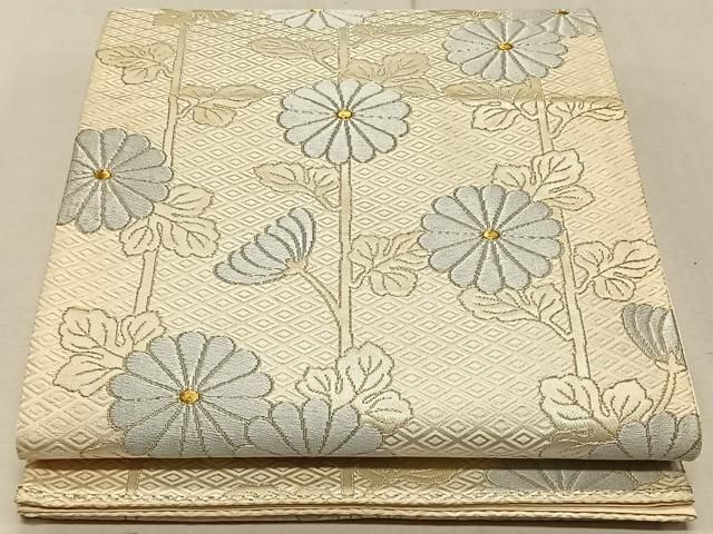 ZY-594 袋帯 花車 四季折々 牡丹 菊 藤 金糸 六通 高級 逸品 テ294】西陣逸品 振袖可 裂取草花蝶紋 正絹純金糸六通高級美術