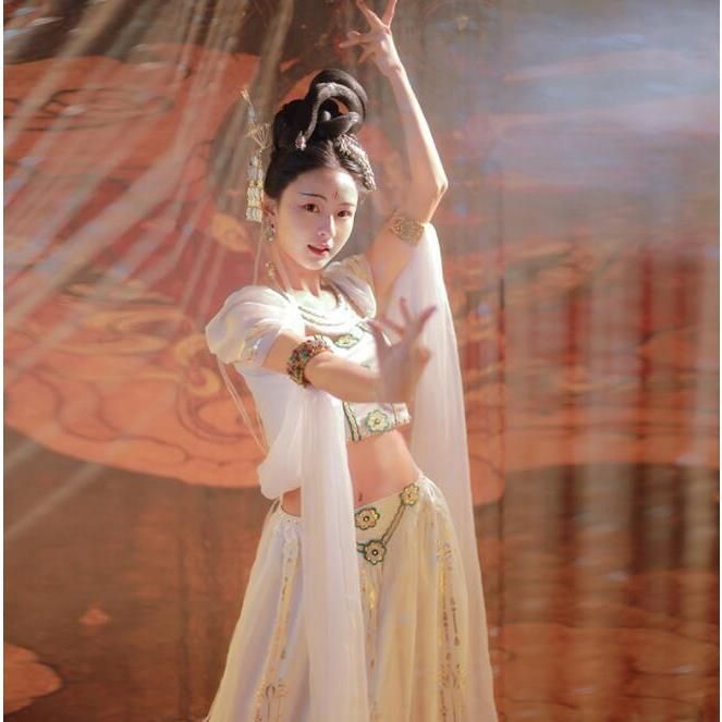 敦煌古典舞踊衣装 中華 飛天 天女 飄々 古典ダンス衣装 3点セット 唐時代 漢服 宮廷舞踊 衣装 大人 チャイナ民族風 コスチューム 時代劇 仮