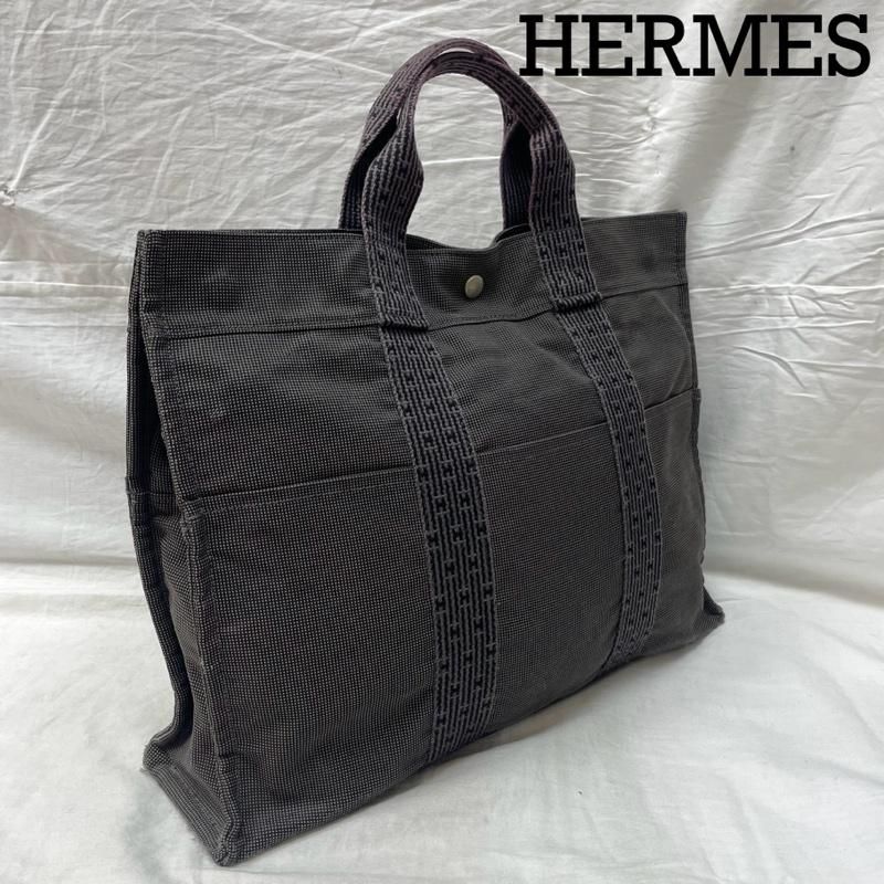 HERMES エルメス トートバッグ エールライン MM トート ハンド バック キャンバス チェック柄 鍵なし