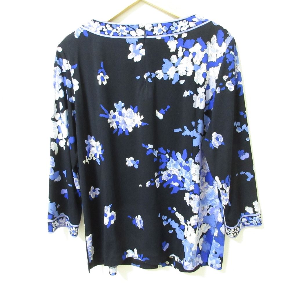 LEONARD レオナール フラワープリント カンカンストレッチ カットソー ブラウス サイズ42 ネイビー ライトパープル レディース 古着