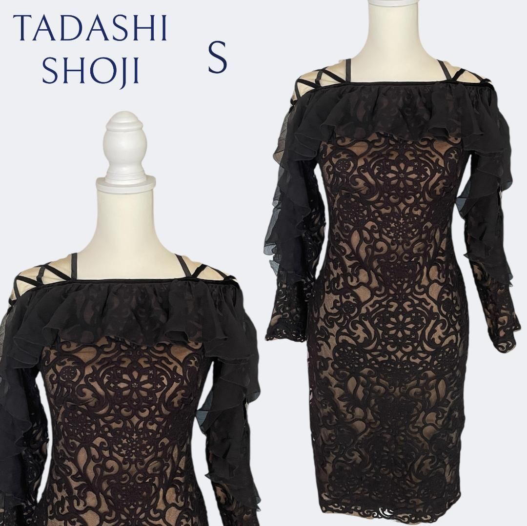 新品◆タダシショージ 上品ブラック総レースクロスショルダータイトドレス S 新品◇TADASHI SHOJI タダシショージ 上品ブラック総レースクロス