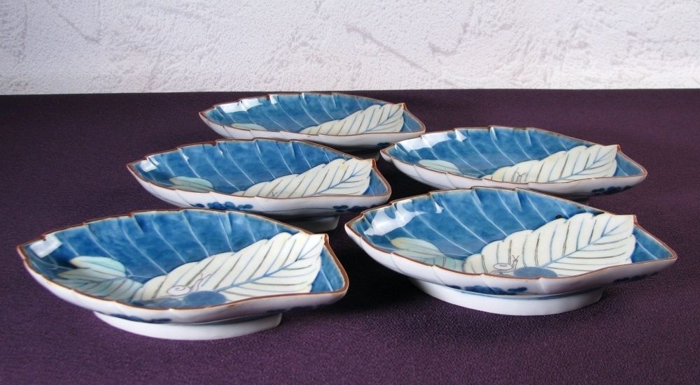 古伊万里 染錦 蝸牛文葉形皿5客 幅 cm 桐 明治時代 25j034 WWW_IBETON_RU