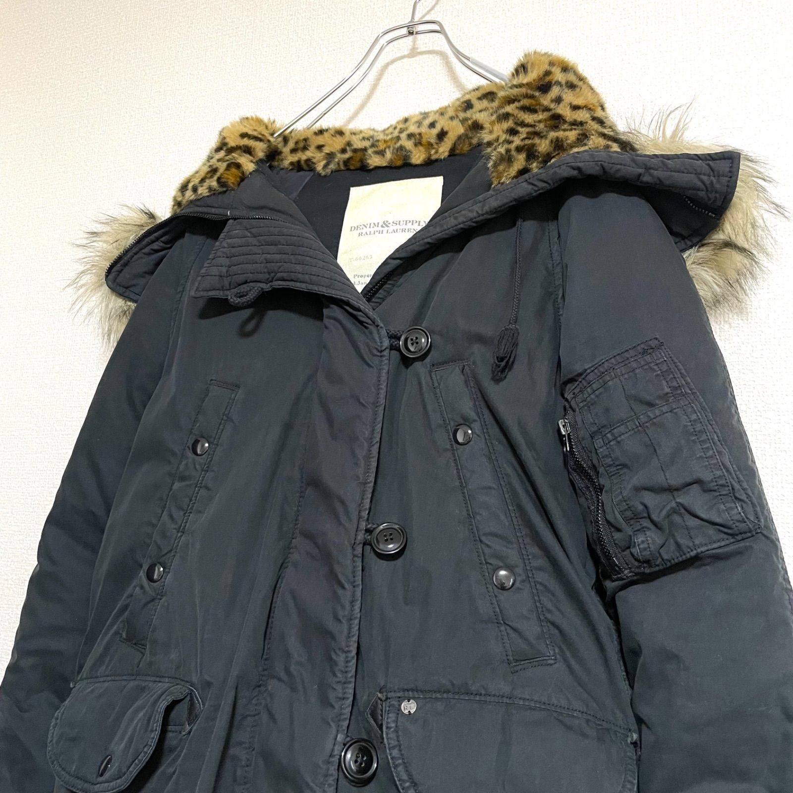 RALPH LAUREN ラルフローレン y2k フェアリーグランジ 平成ギャル パンク ダウンコート ダウンジャケット モッズコート N3B フェイクファー レオパード 豹柄 レディース XS ブラック GULLKHAN_COM