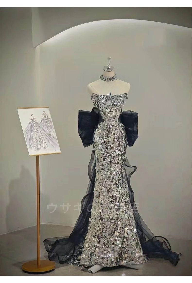 激安で季節を先取り。 ロングドレス 演奏会 ドレス シルバー 花嫁 カクテルドレス 結婚式 イブニングドレス 二次会 フォーマル 発表会 パーティードレス スパンコール マーメイドドレス オフショルダー タイト 1050 勇敢な