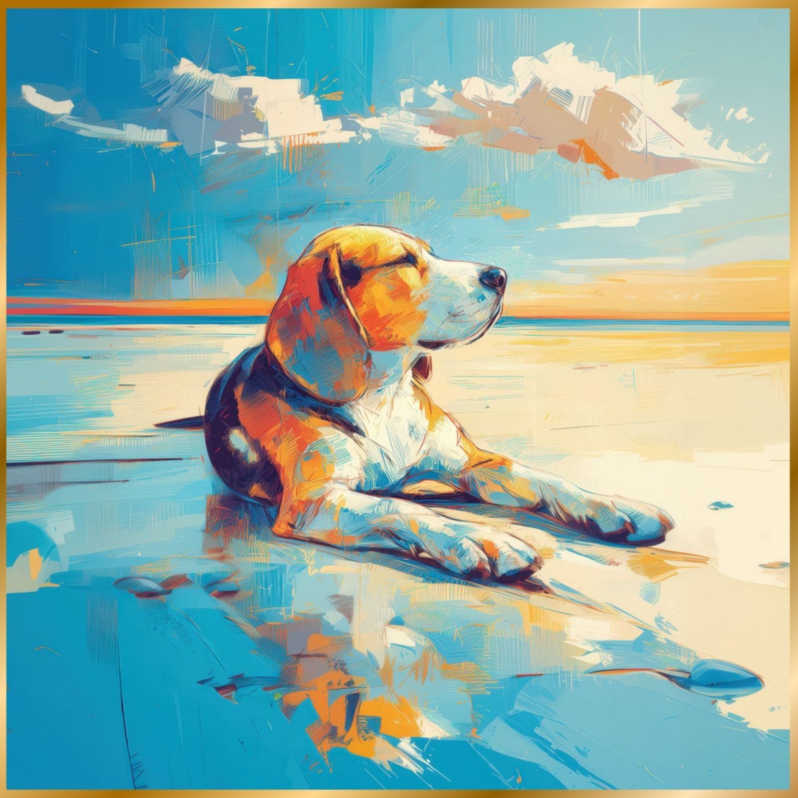 ビーグル犬とビーチのスケッチ No.3 海 犬の絵 犬のイラスト おしゃれ ミニマリスト ミニマリズム シンプル インテリアアート ペットロス うちの子 記念日 アートポスター ギフト プレゼント