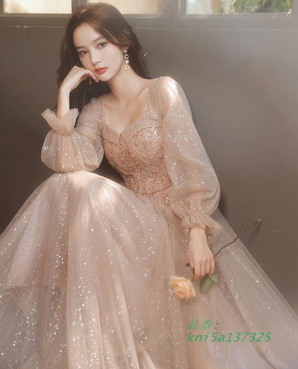 ドレス キラキラ 大人 ピアノ 発表会 ロングドレス ロング 結婚式 袖付き 小さいサイズ 母親 大きいサイズ 長袖 演奏会用ドレス 演奏会 kni5a137325