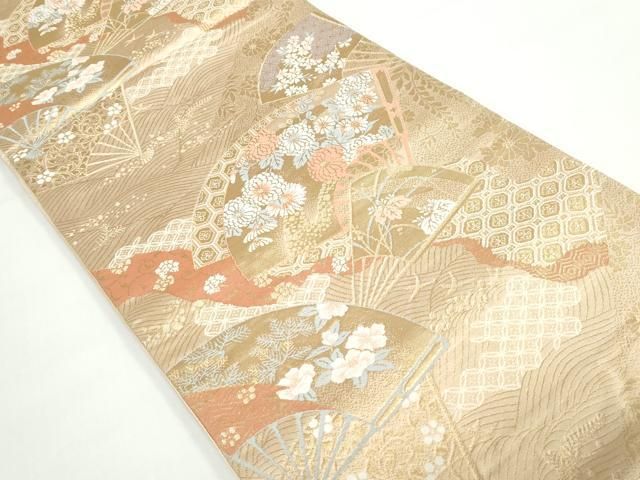 平和屋着物◎六通柄袋帯 唐織 扇面草花文 金糸 正絹 逸品 DAAX7895qa
