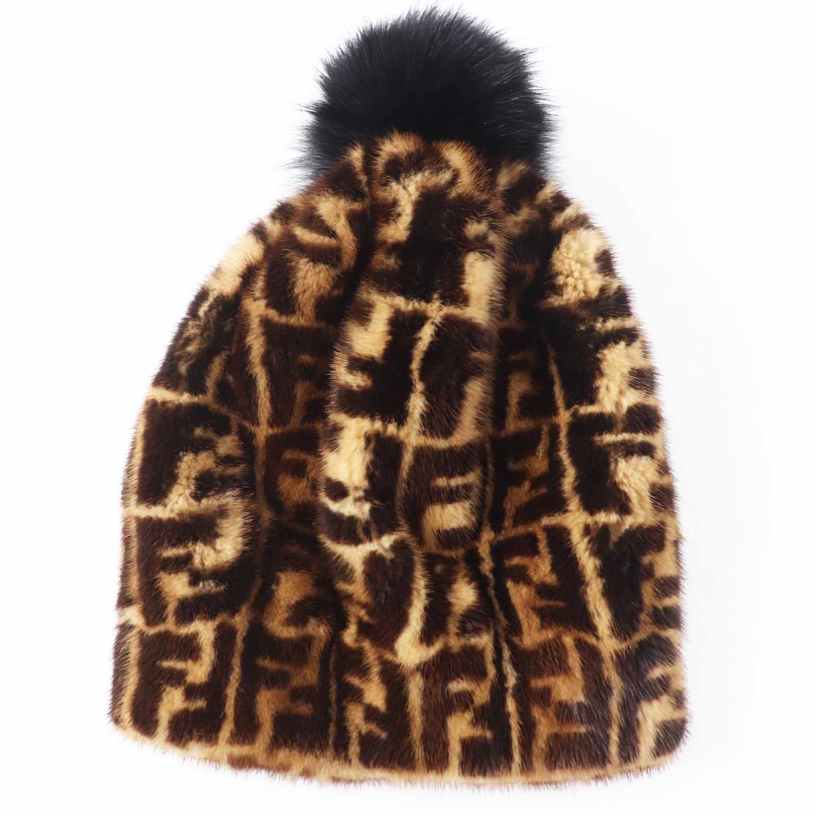 ◎FENDI フェンディ FNX085 ズッカ柄 フォックスファー梵天付き ミンク 帽子 裏地シルク100％ ブラウン系 S イタリア製 レディース