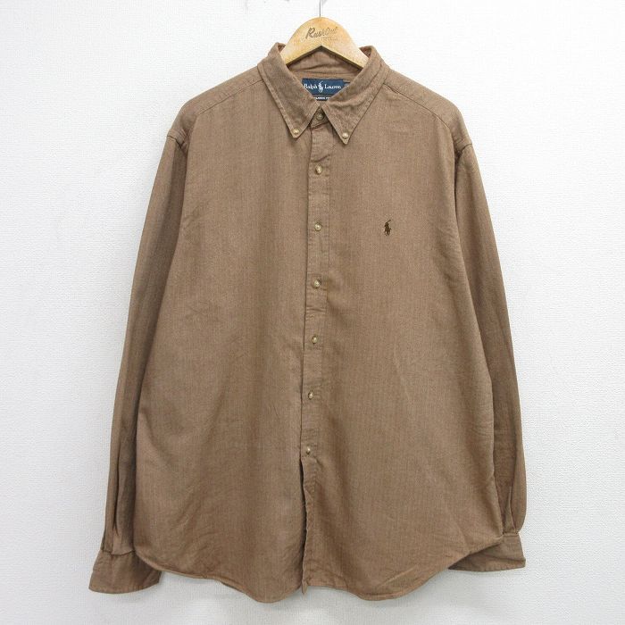 XL/古着 ラルフローレン 長袖 ブランド シャツ メンズ 90s ワンポイントロゴ ヘリンボーン 大きいサイズ ロング丈 ボタンダウン 茶 ブラウ