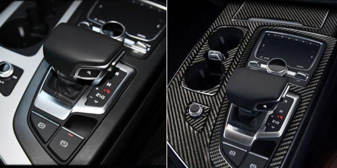 アウディ Q7 4M 2015年- 右ハンドル用 内装インテリアステッカー ギアシフトパネルカバー 外側3P カーボン柄 FFCRYSTALESIA_COM