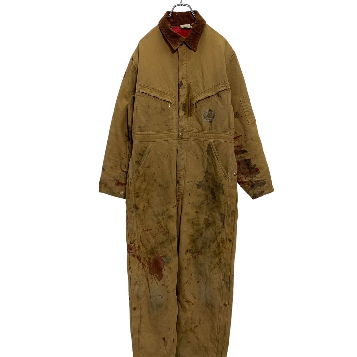 carhartt 中綿 ダック 長袖つなぎ W38 ブラウン カーハート USA製 襟コーデュロイ ワークウェア 作業着 古着卸 アメリカ仕入 a604-6043