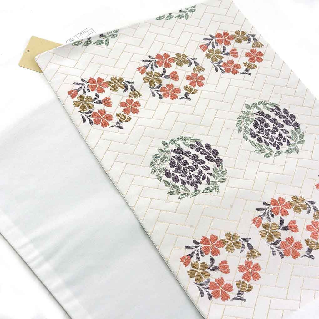 平和屋着物▽塩瀬 九寸名古屋帯 手描き 草花文 正絹 逸品 AAAZ7696wj