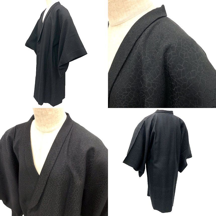京やM460 ウール 着物コート 和装コート 道行コート 単衣仕立て へちま衿 ロング丈 肩滑り付き ブラック 黒 フォーマル カジュアル兼用 仕立て上がり 3シーズン対応 袷 単衣兼用コート 道中着 羽織 塵除け 風除け リサイクル着物