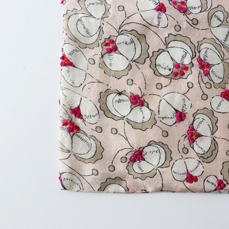 ブノン BUNON シルク 花柄プリント+刺繍 巾着バッグ/ピンク