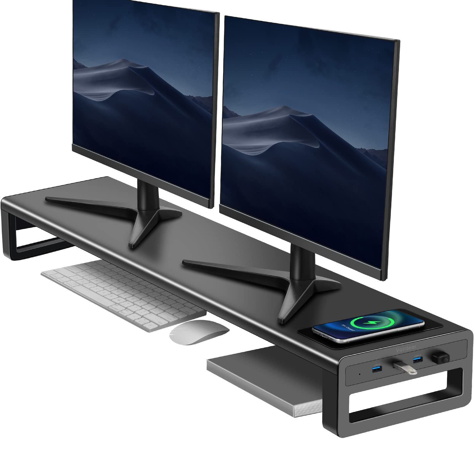 【在庫処分】モニター台 机上台 2画面 金属製デュアル モニタスタンドワイヤレス充電機能と4つのUSB VAYDEER 3.0ハブポートディスプレイ台幅100cm