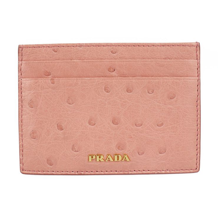 PRADA プラダ カードケース 1MC149 オーストリッチ ピンク ゴールド金具 パスケース 名刺入れ ロゴ エキゾチックレザー