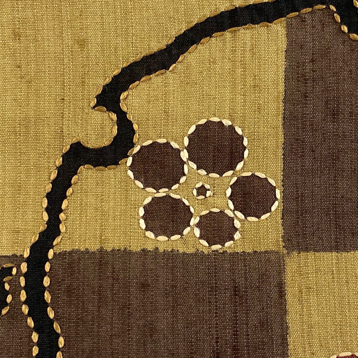 袋帯 秀品 紬地 梅 雪輪 刺し子刺繍 茶色 お太鼓柄 正絹