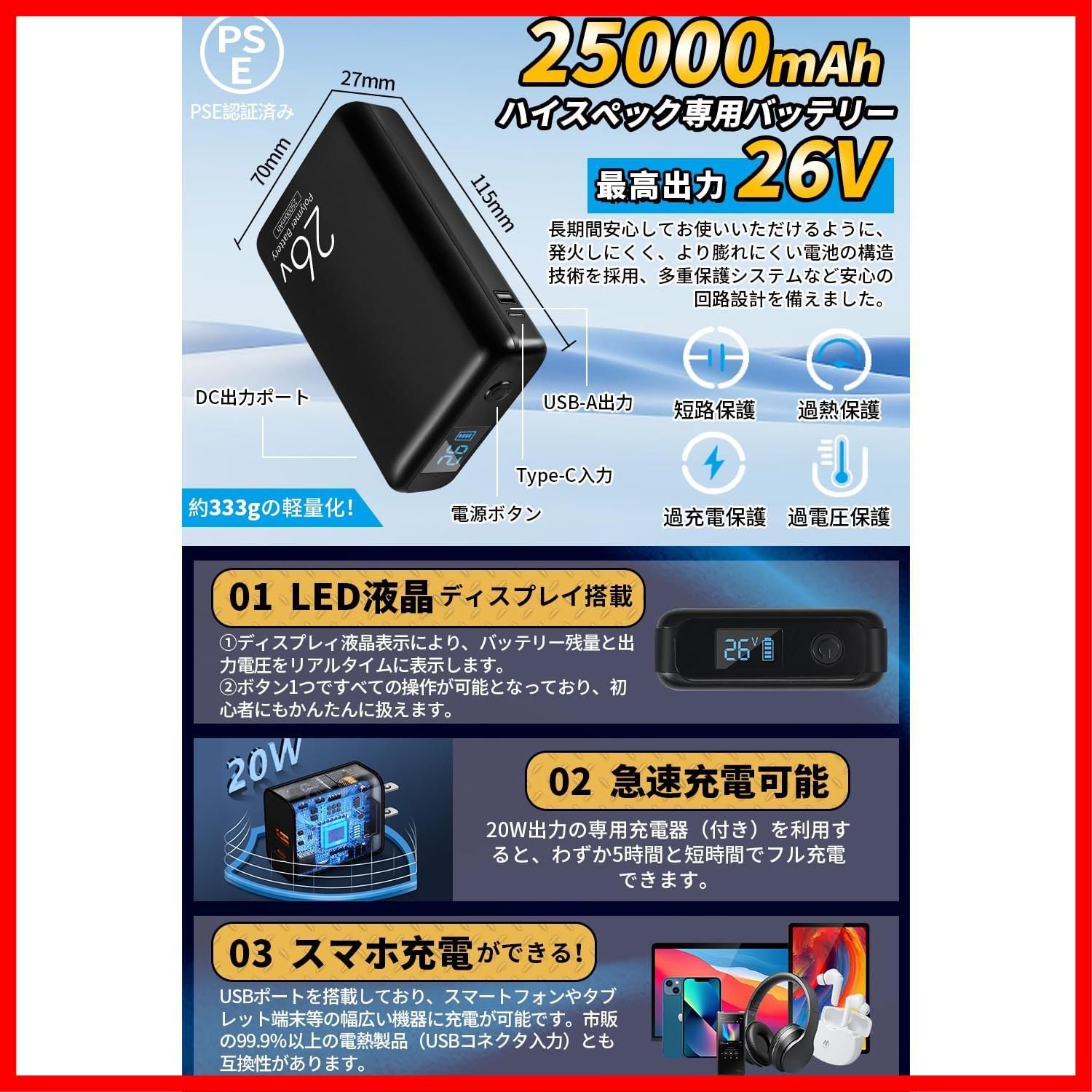 空調作業服 ファン付きベスト 26V ファンバッテリーセット Meizoon 25000mAh 最大40時間連続使用 2種類電圧駆動モード 5段階風量切替 ファン付き作業着 アルミコーティング 夏 熱中症対策 男女兼用