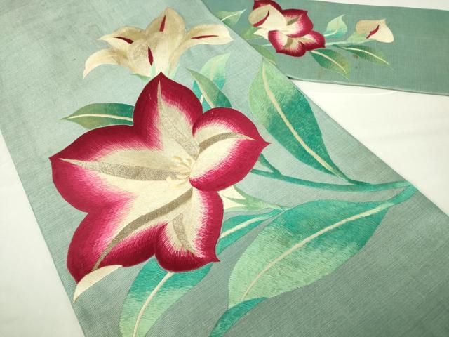 平和屋着物 アンティーク 大正ロマン 九寸名古屋帯 総刺繍 草花文 金糸 正絹 DAAX3643az