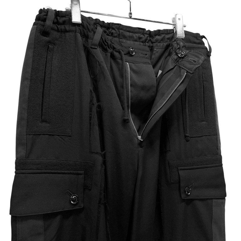 Yohji Yamamoto Pour Homme 15AW ウールギャバジンフラノパッチワーク側章裁ち切りカーゴパンツ LOOK12 カットオフ Yohji Yamamoto Pour Homme 15AW ウールギャバジンフラノパッチワーク