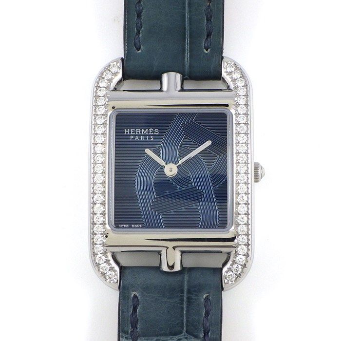 エルメス HERMES 腕時計 ケープコッド PM 31mm CC1.330.630 シェーヌ ダンクル ダイヤベゼル 鎖モチーフ ギョーシェ スクエア ネイビー文字盤 SS ブルー アリゲーター レザーベルト クオーツアナログ 【箱・保付き】 【中古】 エルメス HERMES 腕時計 ケープコッド PM 31mm CC1.330.630 シェーヌ